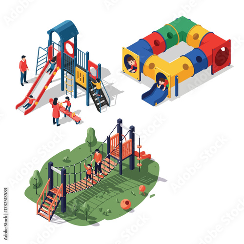 Isometric Illustration of Colorful Playground Equipment for Outdoor Activity Fun Place