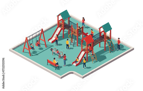 Isometric Illustration of Colorful Playground Equipment for Outdoor Activity Fun Place