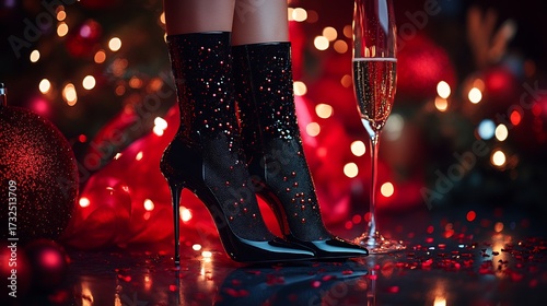 New Year party card with glamorous heeled boots champagne glasses confetti and festive lighting showcasing chic footwear for a night out