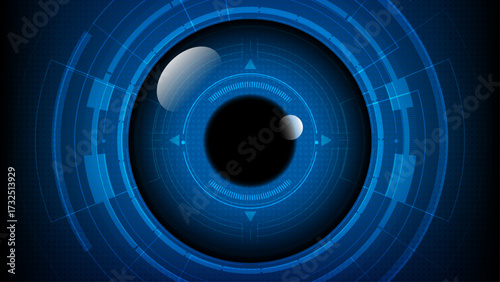 Futuristic digital eye interface with blue technology circles, abstract cyber design for artificial intelligence, biometric security, virtual reality, and innovation background