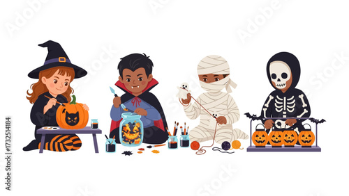 Halloween Crafting: Little ones, dressed in iconic Halloween costumes, gather around to craft and decorate, creating a scene of joyous, creative fun for the spooky season. 