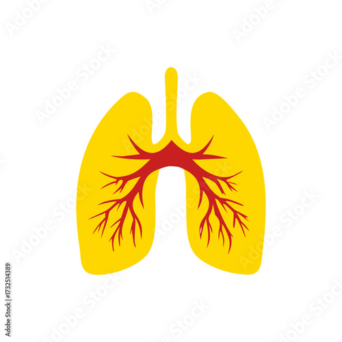 Stylized illustration of human lungs with a branching red bronchial tree against a stark black background