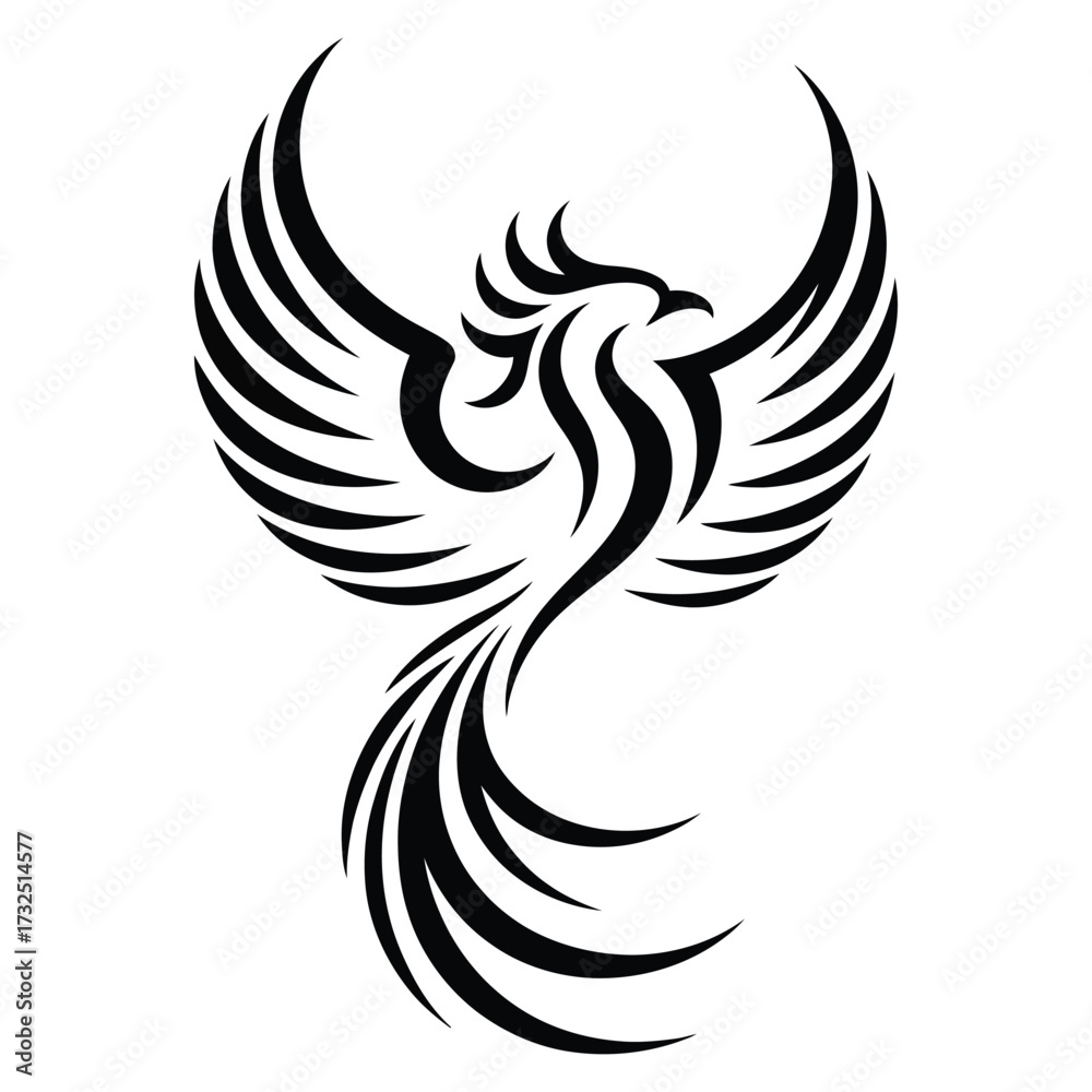 Obraz premium Tribal style black phoenix rising with flaming wings and flowing tail feathers
