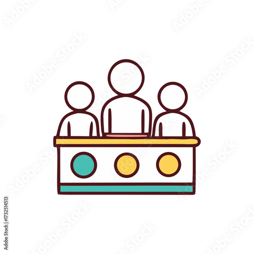 Stylized illustration of three abstract figures standing behind a counter with colorful circles representing buttons or indicators