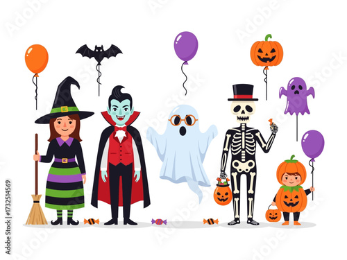 Halloween characters party: A collection of iconic Halloween characters, each with distinct costumes and accessories, gathered together for a festive occasion.