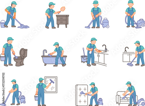 Professional Cleaning Services Company Male Staff Providing Various Housekeeping Tasks Icon Set