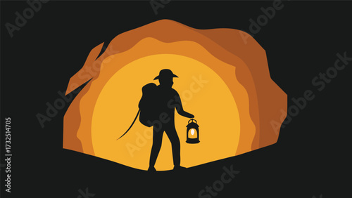 Silhouette of a Hiker with Lantern Entering a Cave Adventure Illustration