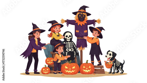Halloween Gathering: A vibrant Halloween illustration showcasing a playful gathering of children in costumes, framed by grinning jack-o'-lanterns and a whimsical scarecrow, ready to collect treats.