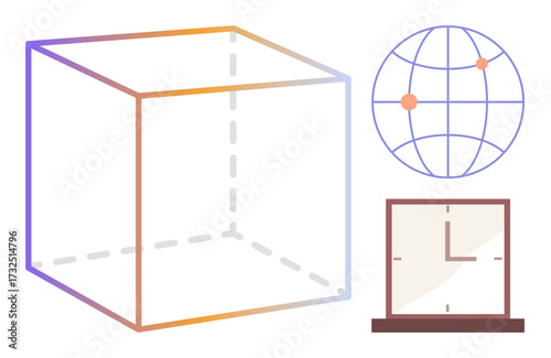 Transparent cube with dashed edges, minimal globe with coordinates, and clock on stand. Ideal for science, mathematics, geography, technology, education global communication time management. Simple