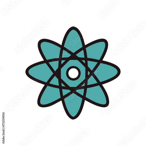 Stylized atom icon with teal orbiting electrons and white nucleus on a black background