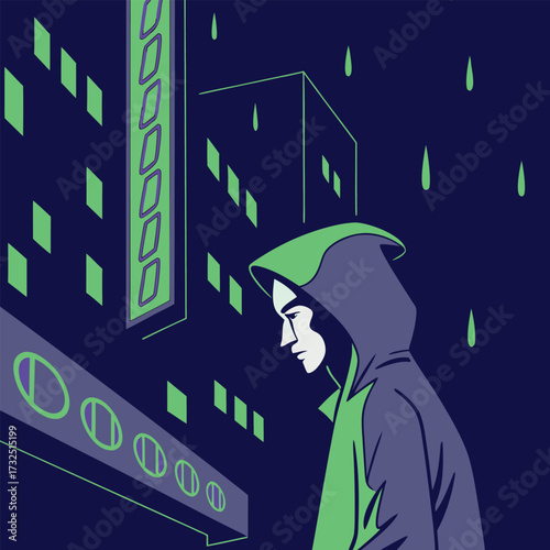 Lonely figure walks in the rain at night, a moody modern scene of urban solitude and contemplation against a vibrant cityscape backdrop
