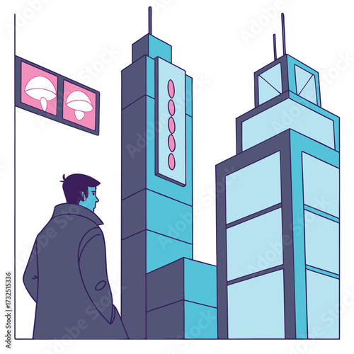Modern city skyline with man looking up at vibrant buildings, perfect for urban development, architecture, or city life themes