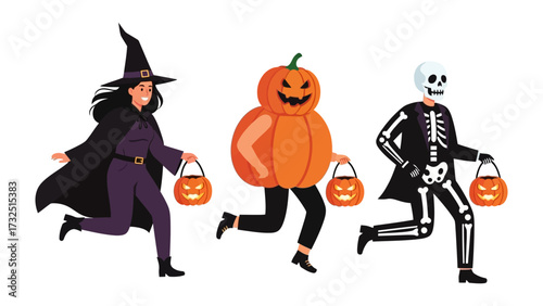 Halloween Trio in Costume: a witch, a pumpkin, and a skeleton running and enjoying trick-or-treating. Perfect for seasonal fun.