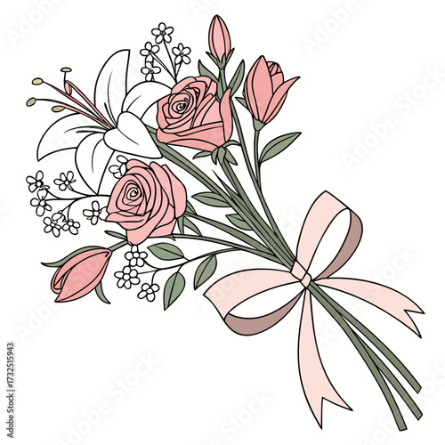 A delicate hand drawn illustration of a romantic bouquet featuring pink roses a white lily and small white filler flowers all tied together with a soft pink ribbon