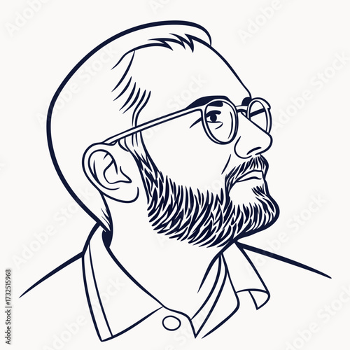 A distinguished man with glasses and a full beard is depicted in a minimalist line art illustration looking thoughtfully into the distance with a serious expression