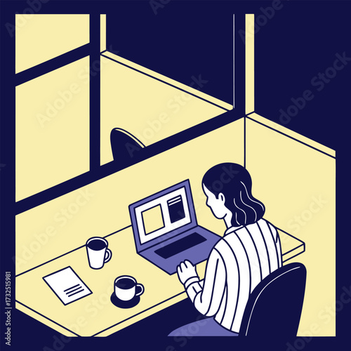 Woman working remotely on laptop in modern cubicle office space with coffee cups and documents for business projects and freelance work