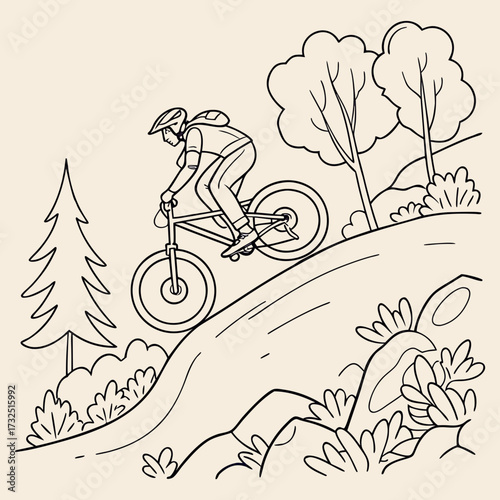 A dynamic line drawing illustration depicts a determined cyclist wearing a helmet and backpack skillfully riding a mountain bike down a steep winding dirt trail surrounded by trees and lush vegetation