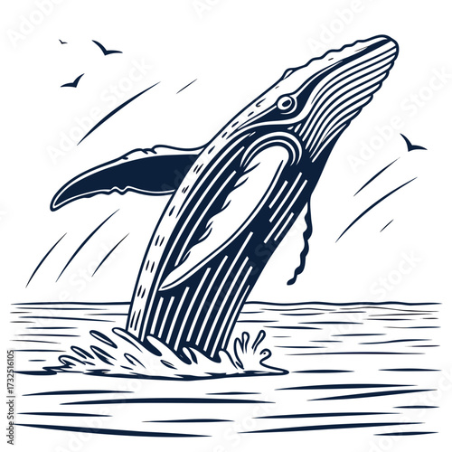 A majestic humpback whale breaches the ocean surface in a dramatic leap surrounded by stylized waves and soaring seagulls against a clean white background
