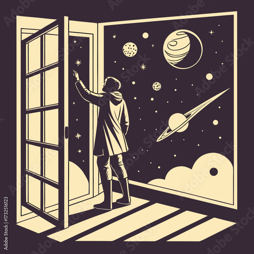 A person in a long coat stands at an open doorway looking out at a vast starry night sky filled with planets and celestial bodies