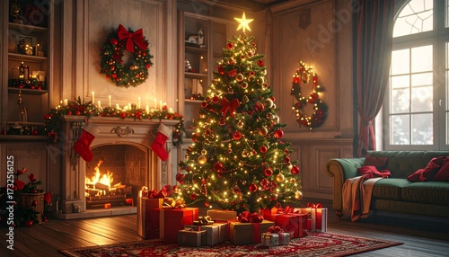 un árbol de Navidad en un salón hogareño decorado con espíritu navideño. El árbol es frondoso, iluminado con luces cálidas y adornado con bolas rojas, doradas y plateadas.