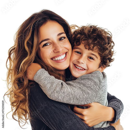 Happy mother and son embracing and smiling isolated on transparent background. Portrait of a happy mother hugging and having fun with her son isolated on white background.