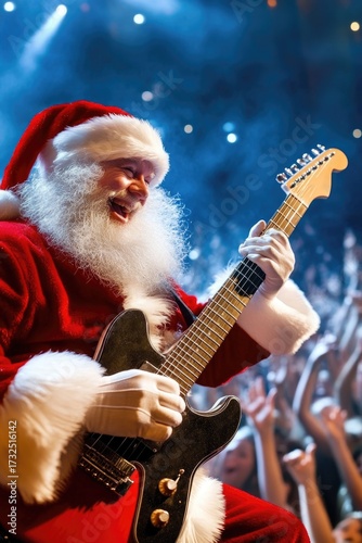 Festive santa claus rocking electric guitar at energetic concert