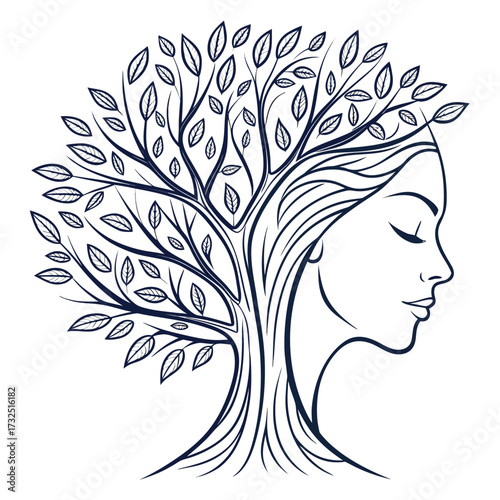 A serene woman s profile merges with a flourishing tree symbolizing growth nature and the interconnectedness of life and spirit