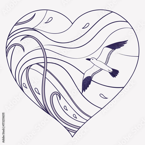 A stylized heart shape encloses a serene scene of a seabird soaring gracefully above stylized ocean waves and abstract water droplets in a minimalist line art design