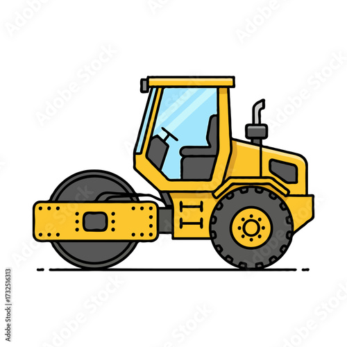 Vector illustration of a soil compactor used for road or asphalt construction, showing heavy machinery designed to compress and level surfaces