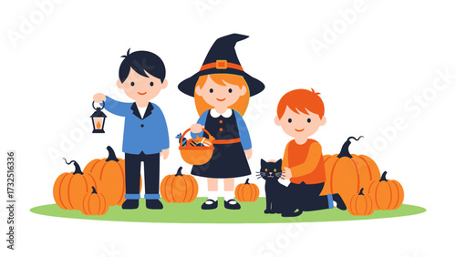 Halloween Fun: Three charming children, playfully adorned in costume, eagerly ready for a thrilling trick-or-treat adventure. Set against a backdrop of festive pumpkins, they emanate pure.