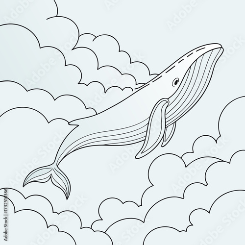 A whimsical line art illustration of a majestic blue whale gracefully leaping through fluffy white clouds against a soft blue sky