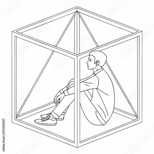A young man sits alone inside a geometric cube structure contemplating his situation with a thoughtful expression symbolizing isolation and introspection