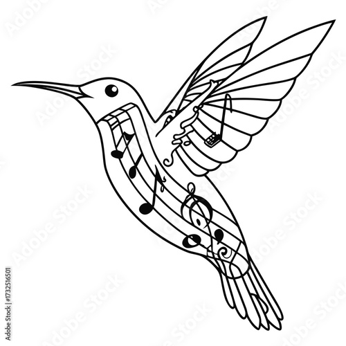 Artistic black and white line drawing of a hummingbird with musical notes and staff integrated into its body and wings creating a harmonious visual symphony