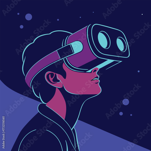 Immersive virtual reality experience with cutting edge VR headset and vibrant neon colors for futuristic technology and gaming applications
