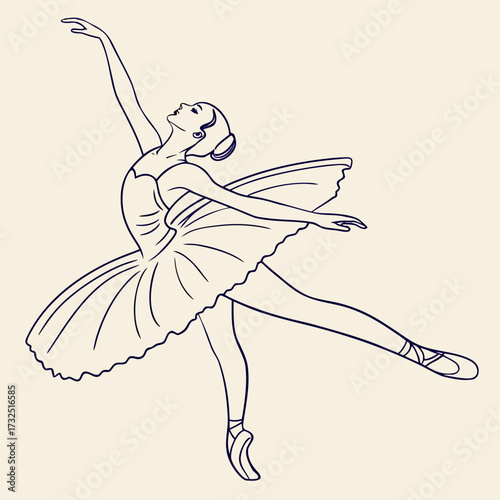 Elegant ballet dancer in a graceful pose wearing a tutu and pointe shoes depicted as a simple outline drawing with a clean minimalist aesthetic on a soft neutral background