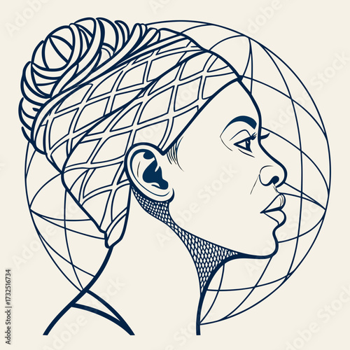 Elegant profile of a woman with a patterned headwrap and intricate hairstyle framed by a stylized globe symbolizing global beauty and connection in a minimalist line art style