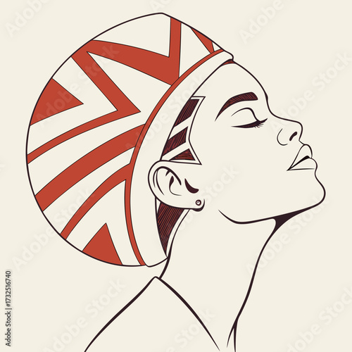 Elegant profile illustration of a woman with closed eyes and a striking patterned headdress in red and cream tones evoking ancient egyptian artistry and serene contemplation