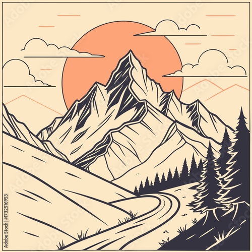 Serene mountain landscape illustration with a winding road leading towards majestic peaks under a warm sunset and scattered clouds evoking adventure and tranquility