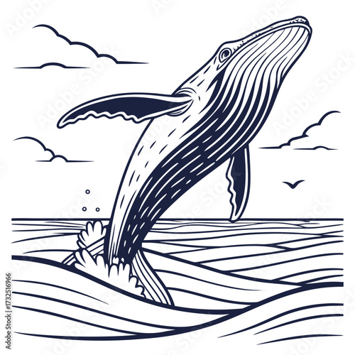 Majestic humpback whale breaching the ocean surface with dynamic waves and stylized clouds creating a dramatic and powerful marine wildlife illustration