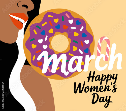 An artistic representation of a woman holding a donut for March, symbolizing Women's Day, adorned with vibrant colors and hearts, embodying creativity and empowerment.