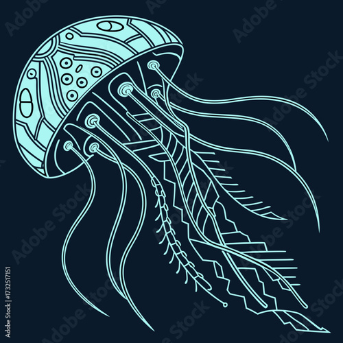 Stylized light blue jellyfish with intricate patterns and flowing tentacles against a dark navy blue background vector art illustration