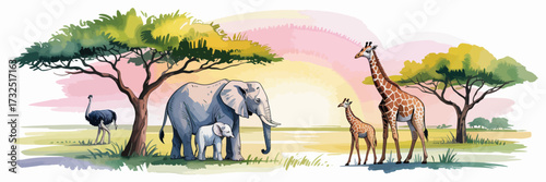 A tranquil scene of the African savanna featuring elephants, giraffes, and ostriches under a colorful sunset, representing the beauty and diversity of wildlife.