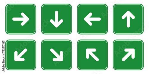 Set of emergency fire exit door icon. Green exit signs with different directions.