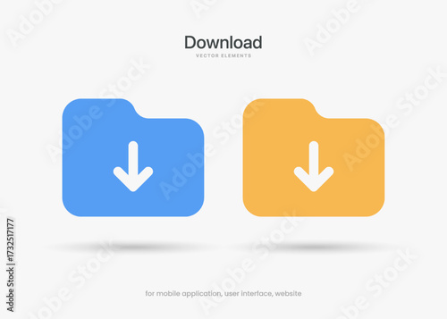 3d download icon button. Folder icon. Upload icon. Down arrow bottom side symbol. Click here button. Save cloud icon push button for UI UX, website, mobile application.