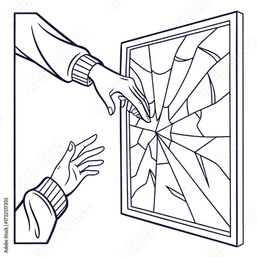 Two hands reaching towards each other across a shattered glass window symbolizing connection hope and overcoming obstacles with a broken barrier
