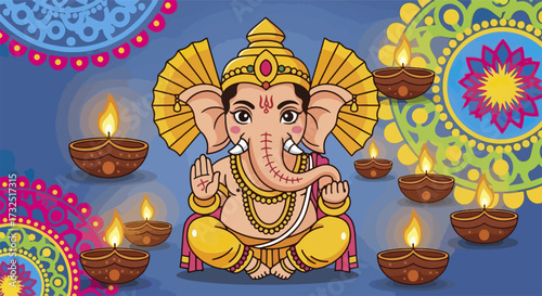 Hindu god ganesha image with diyas