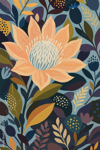 Moody, sophisticated botanical illustration of a large peach Protea surrounded by dense foliage in a dramatic palette of dusty blue, deep purple, and rich mustard. Ideal for luxury prints and opulent 