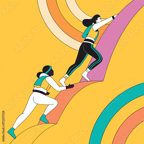 Two determined women powerfully ascend colorful abstract pathways, symbolizing achievement and collaborative progress towards goals.