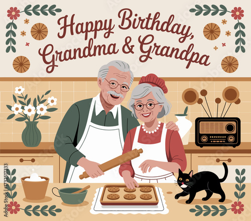 A joyous birthday scene featuring elderly couple baking together, showcasing love, tradition, and warmth in a cozy kitchen, perfect for family gatherings and celebrations.
