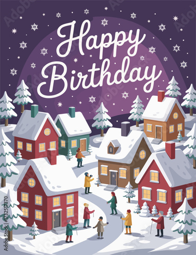 This cheerful winter scene showcases a quaint village blanketed in snow, where residents celebrate a birthday amidst charming houses, trees, and falling snowflakes, evoking warmth.